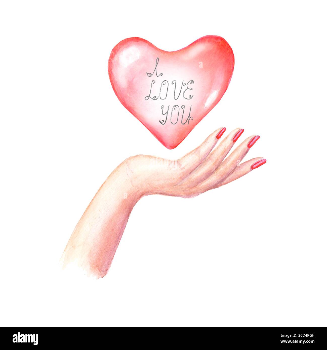 Acquerello bella mano della donna con chiodi rossi di manicure con cuore rosso con scritta TI VOGLIO BENE. Illustrazione disegnata a mano con acquerello. Romantico, mer Foto Stock