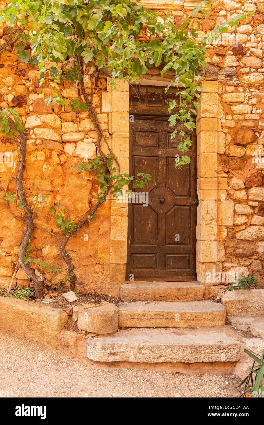 Una vite che cresce sul lato di una casa nel pittoresco villaggio di Roussillon, Luberon, Francia Foto Stock