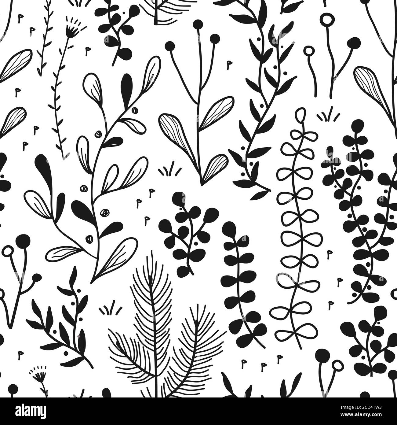 Vettore senza giunture bordo con doodle foresta e piante prato. Sfondo astratto disegnato a mano per cornici, poster, tessuti Illustrazione Vettoriale