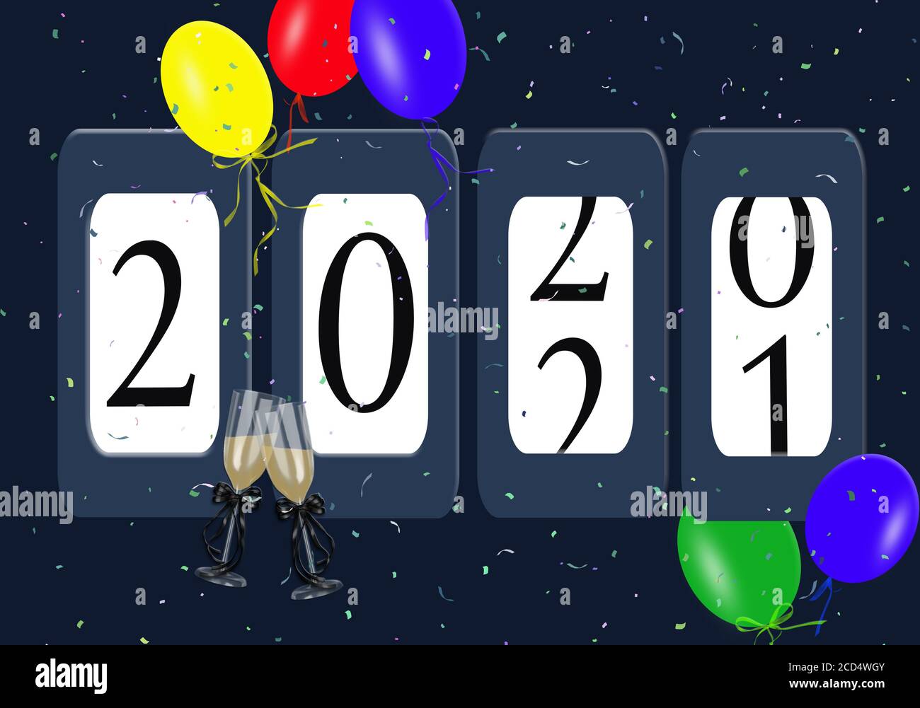 Capodanno 2021 contachilometri e brindisi con champagne con palloncini colorati e confetti di festa Foto Stock