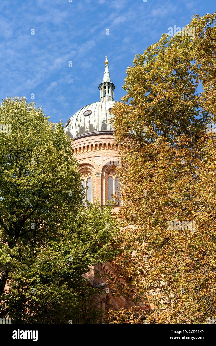 Alberi che circondano la torre e la cupola della Chiesa di San Michele, nel quartiere di Mitte, Berlino, Germania Foto Stock