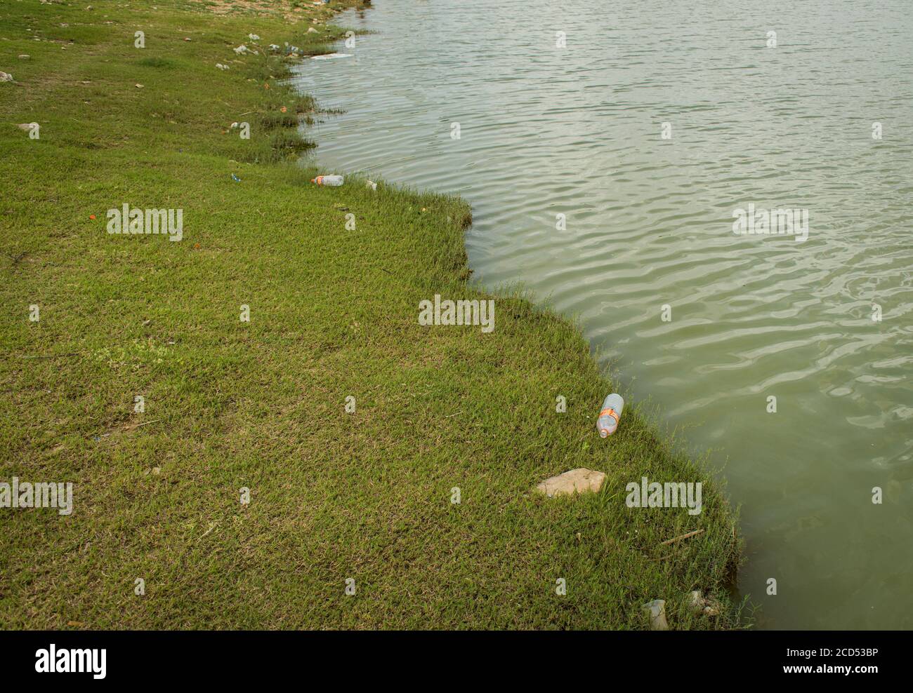 bottiglie di plastica del lago inquinate e rifiuti al lago. inquinamento plastico. inquinamento ambientale Foto Stock