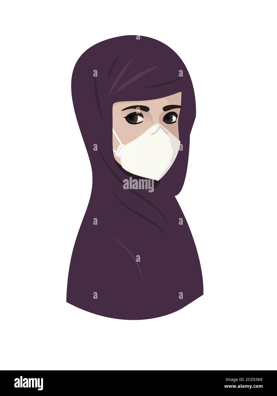 Giovane donna musulmana che indossa hijab violetto con maschera medica protettiva facciale respiratore per proteggere da Covid, isolato ritratto di sfondo bianco. Illustrazione Vettoriale