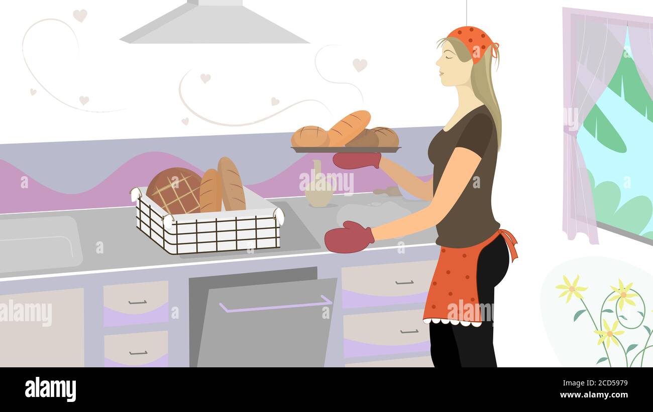 Donna che fa il pane a casa. In concetto di confinamento per la pandemia di coronavirus covid. Foto Stock