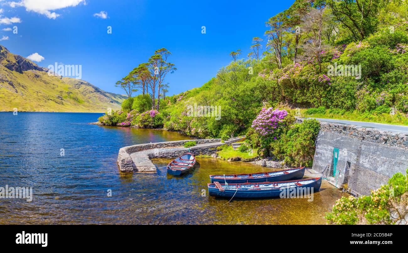 Piccole barche ormeggiate presso la riva del fiume, Irlanda occidentale Foto Stock