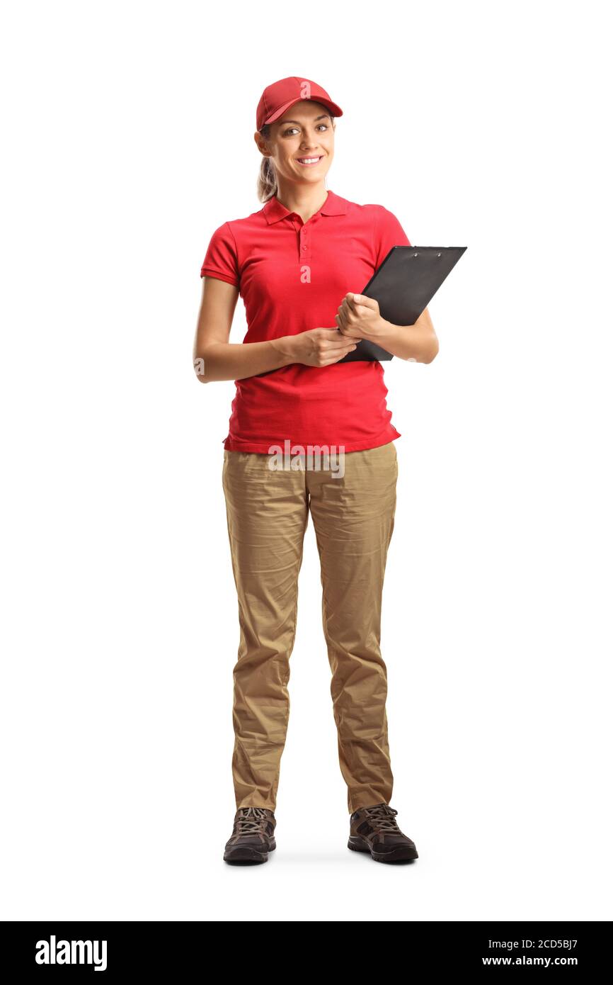 Ritratto a lunghezza intera di una lavoratrice che tiene una clipboard isolato su sfondo bianco Foto Stock