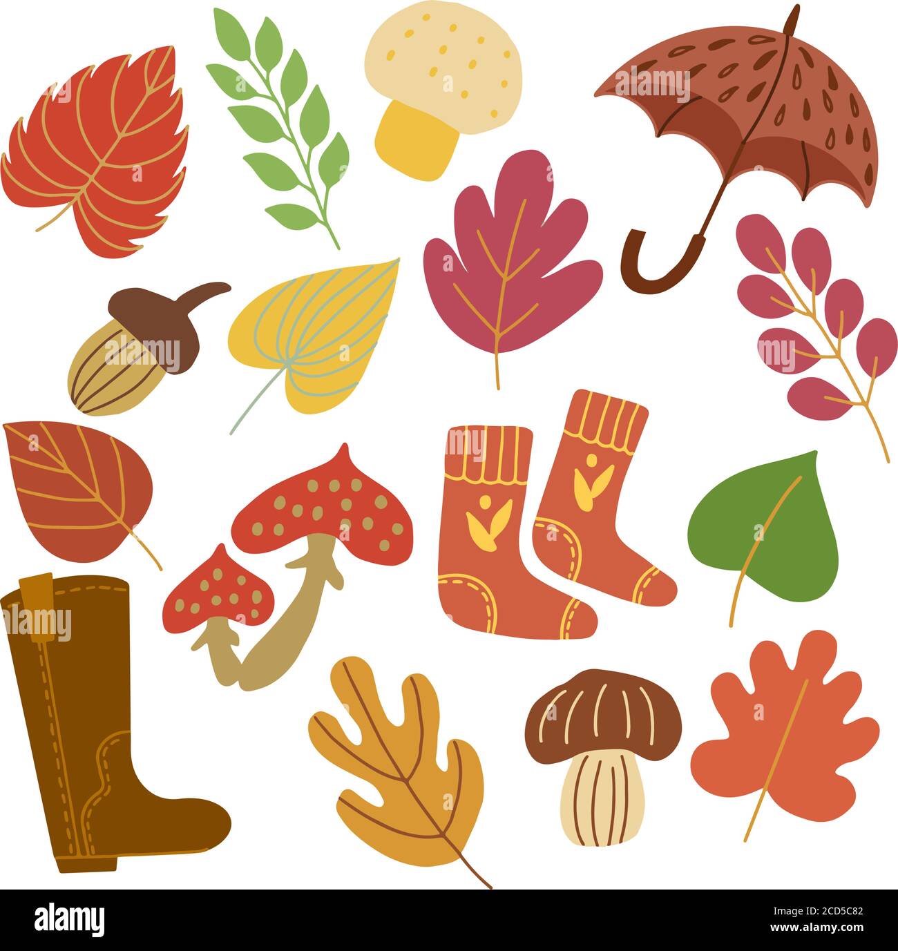 Set di foglie autunnali, funghi, ombrello, calze e stivali. Grafica vettoriale su sfondo bianco per la progettazione di schede, stampe su cuscini, confezioni Illustrazione Vettoriale