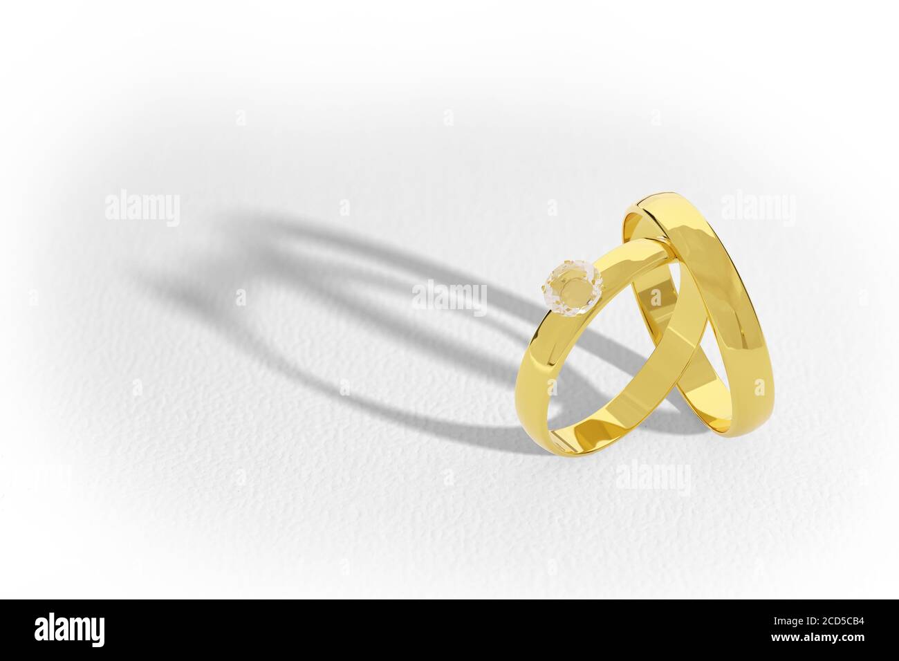 Coppia di anelli di nozze in oro e diamante isolati su sfondo bianco. illustrazione 3d. Foto Stock