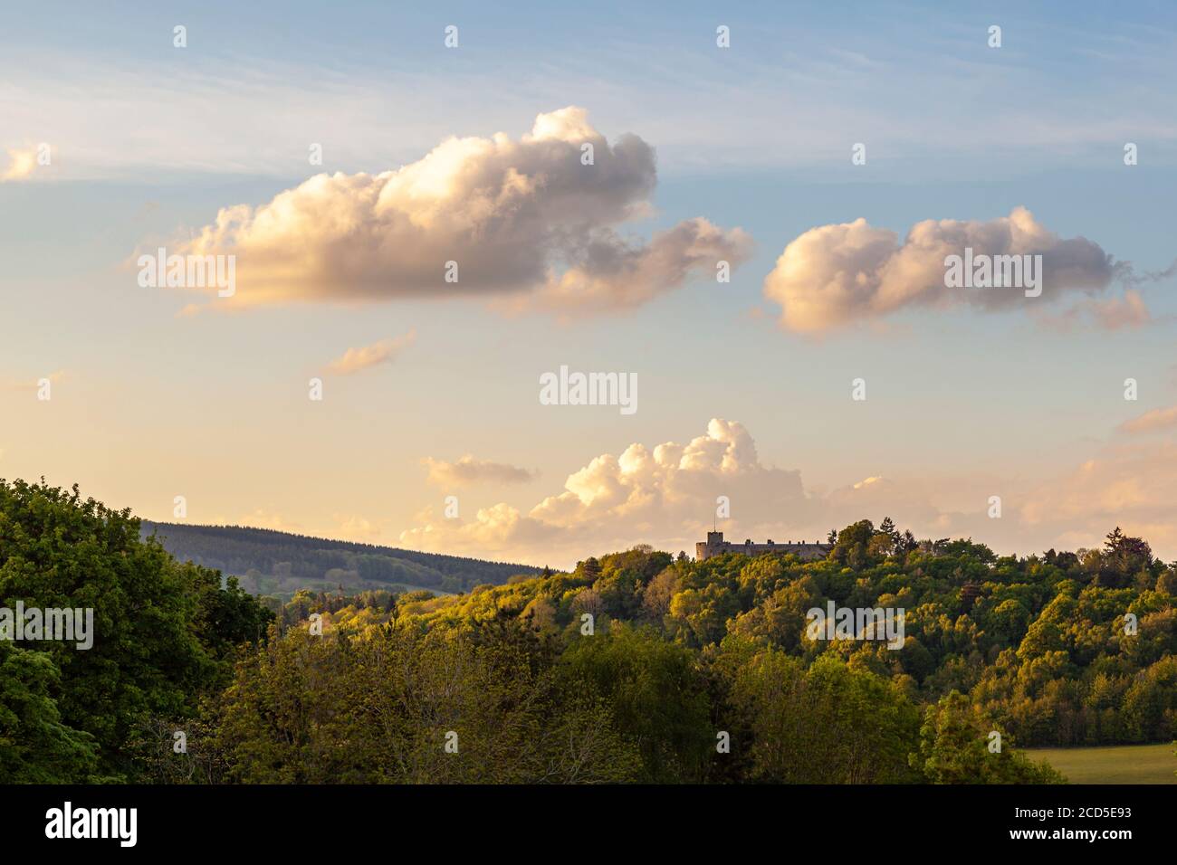 Una vista attraverso la valle del Ceiriog, dove il Castello di Chirk può essere visto sopra gli alberi, Bron Y Garth Foto Stock
