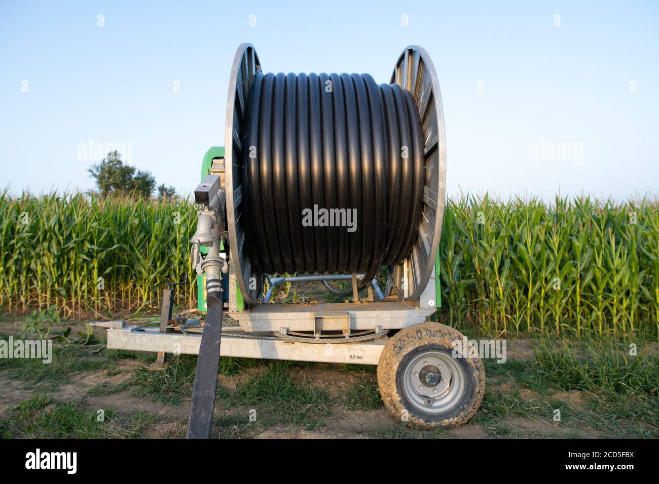 aspo di irrigazione dal lato di un campo di mais in francia Foto Stock