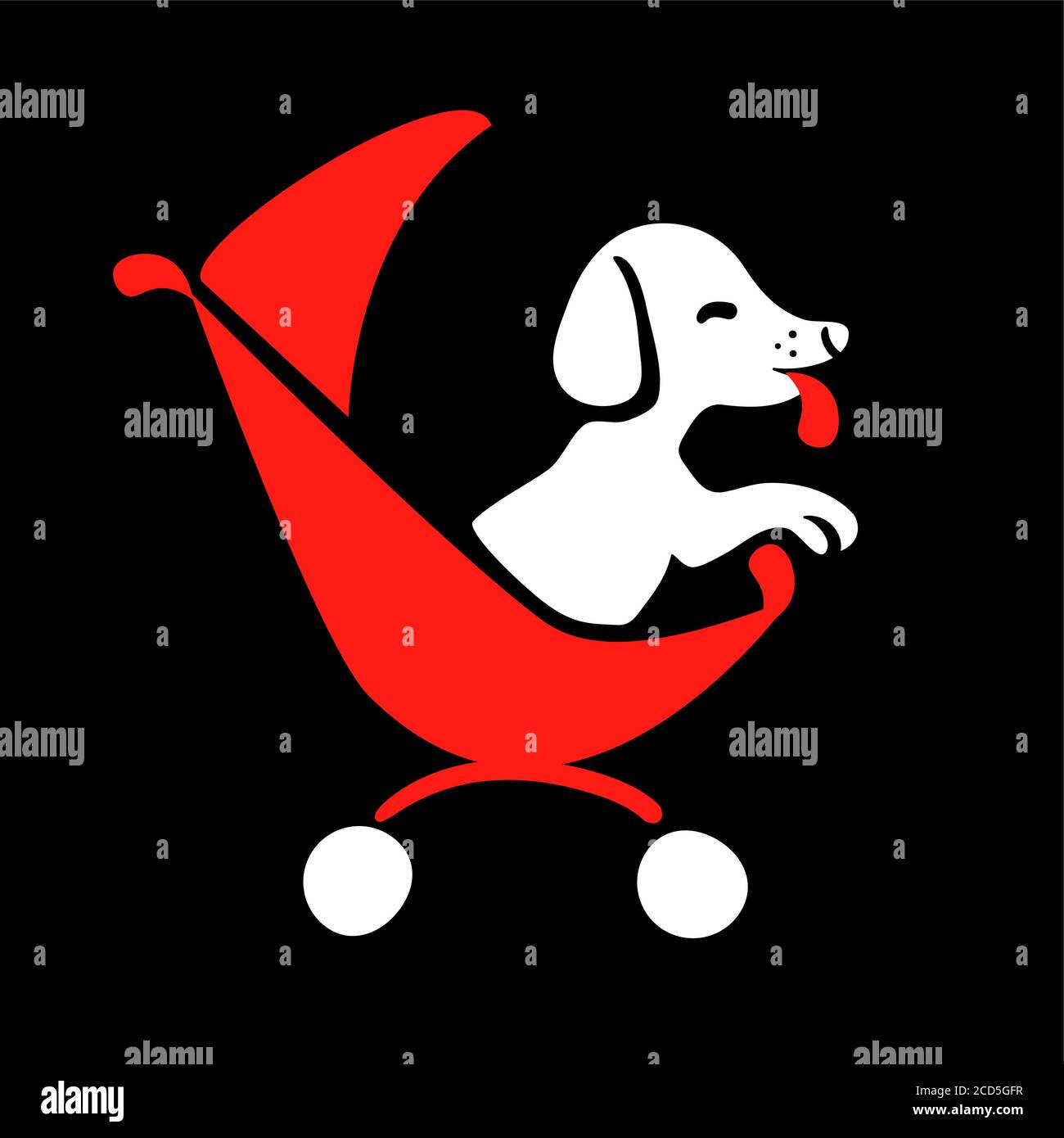 Logo Dog sitter in stile disegno su sfondo nero per l'evidenziazione. Animale domestico da passeggio in rosso elemento isolato vettore icona carrello. Illustrazione piatta del trasporto allo zoo. Concetto divertente di affari di cura degli animali. Illustrazione Vettoriale