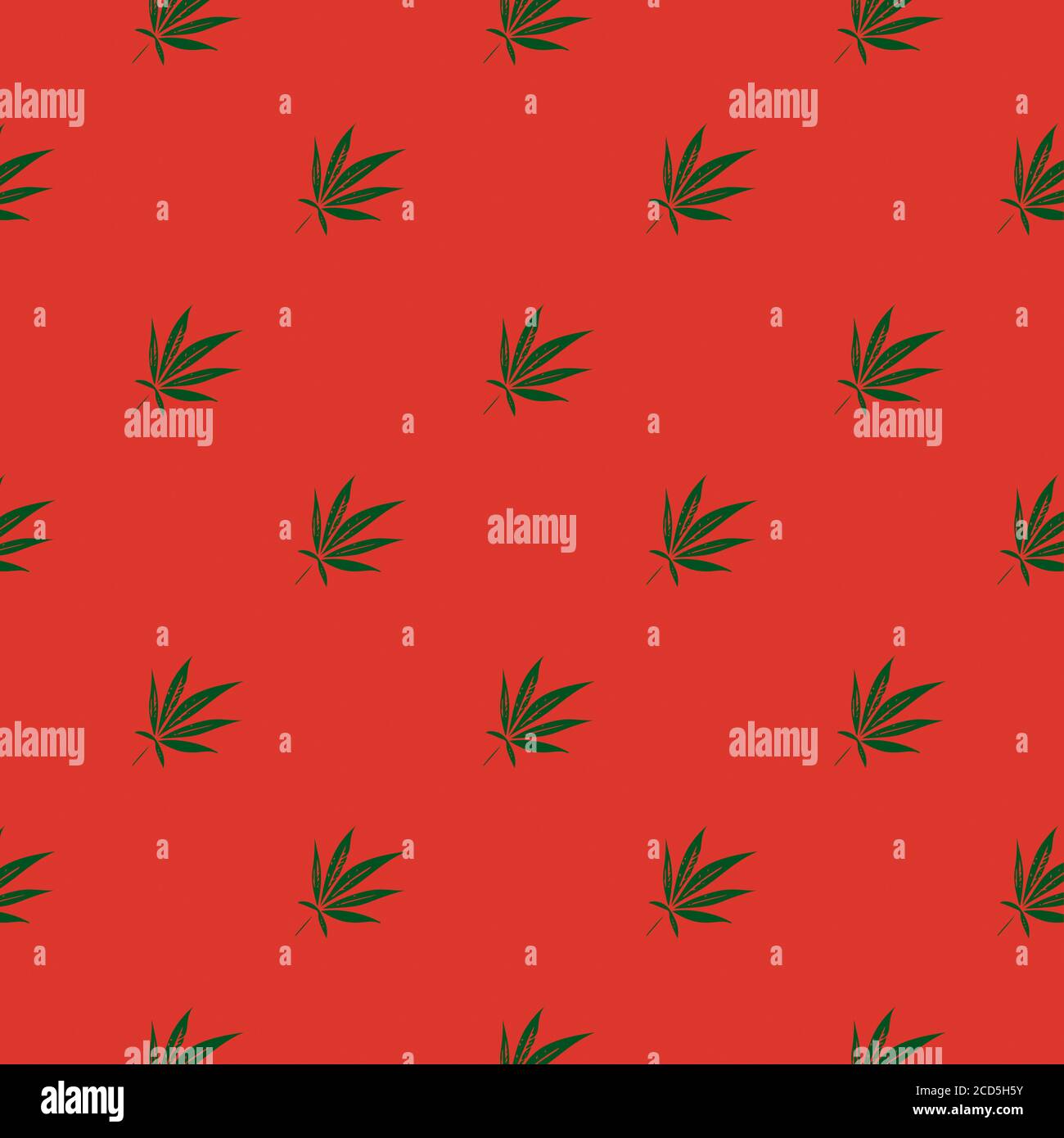 Foglie di canapa o di cannabis su sfondo rosso vintage come disegno senza cuciture formato quadrato. Foto Stock