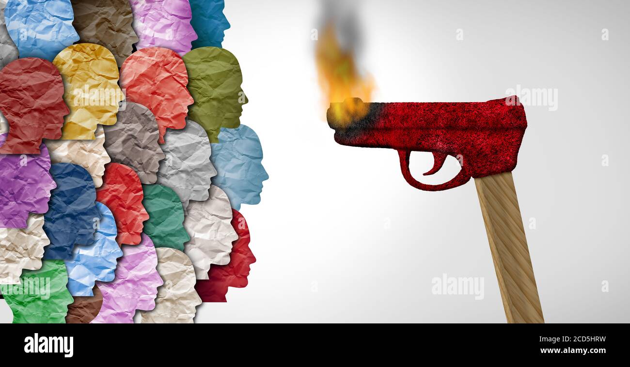 Violenza comunitaria e attacco violento come una pistola a forma di partita sul fuoco con elementi di illustrazione 3D. Foto Stock
