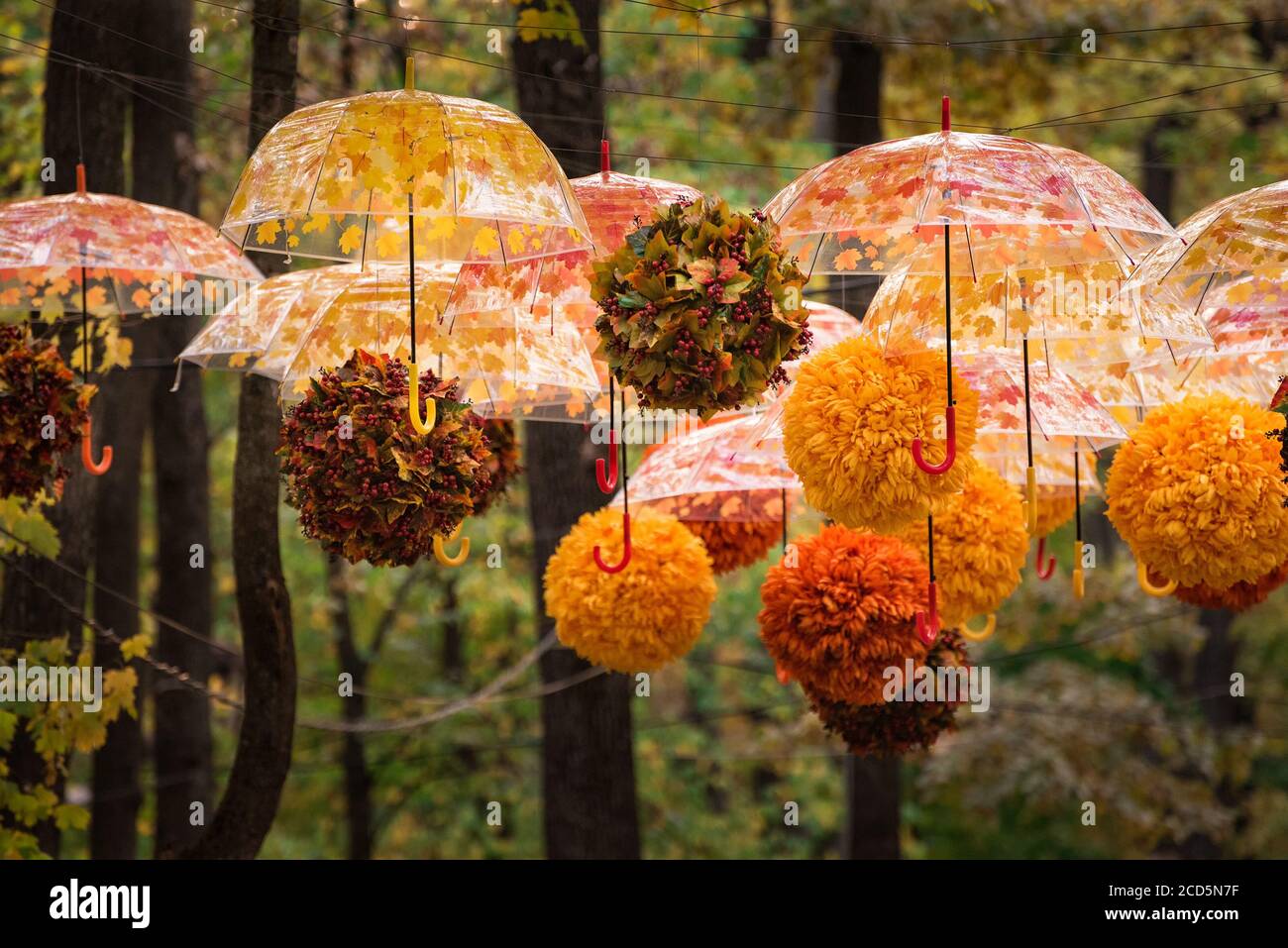 Autunno decor Park. Ombrelloni e ghirlande di fiori. Ombrelli a tema autunnale Foto Stock