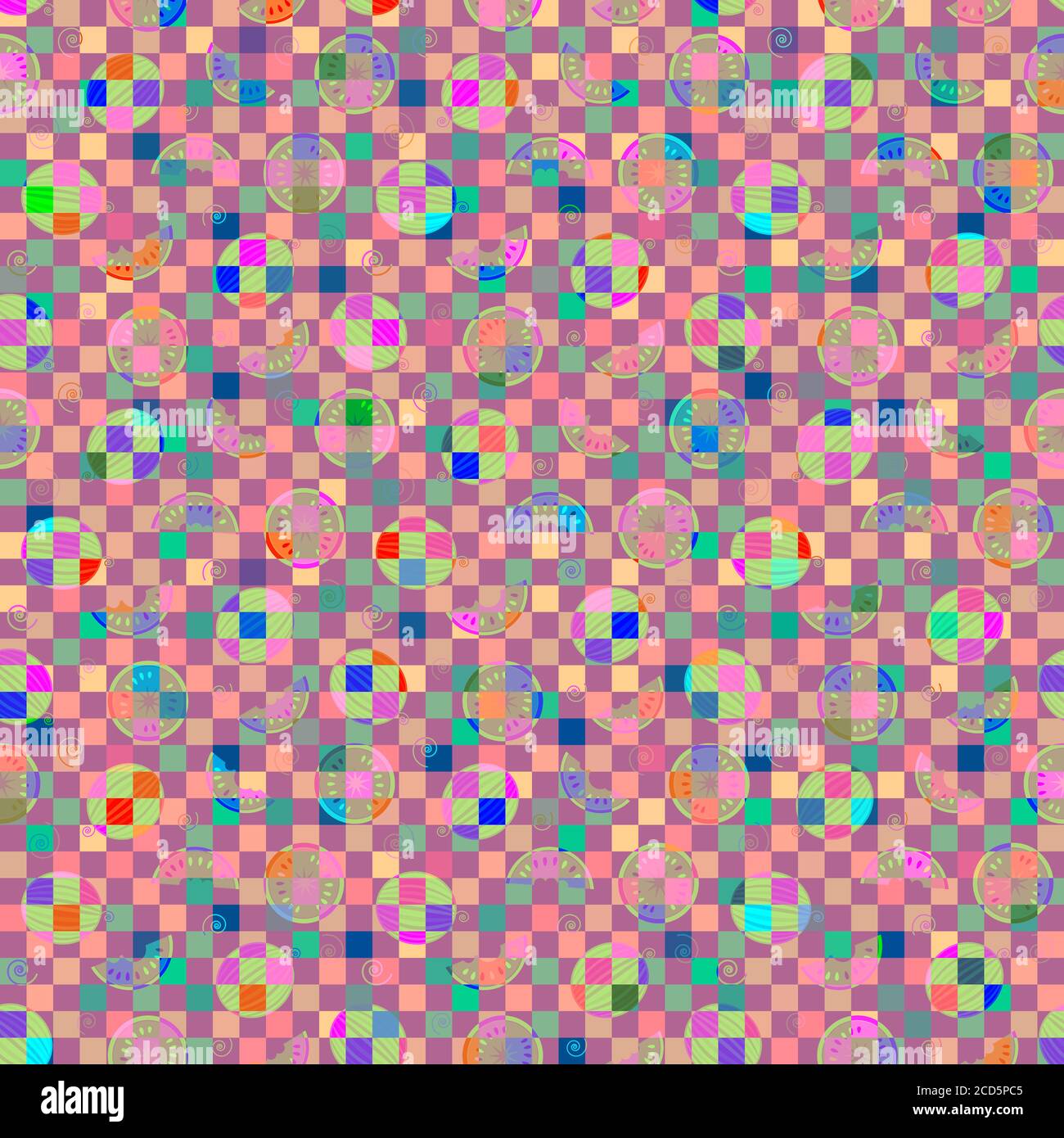 Colorati e luminosi cocomeri interi e fette con dama, sfondo multicolore motivo senza cuciture Foto Stock