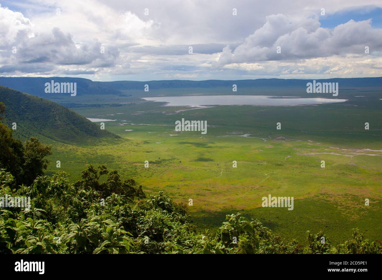 Vista panoramica del cratere e del bordo della zona di conservazione di Ngorongoro, Tanzania. Lago Magadi è anche visibile M Foto Stock