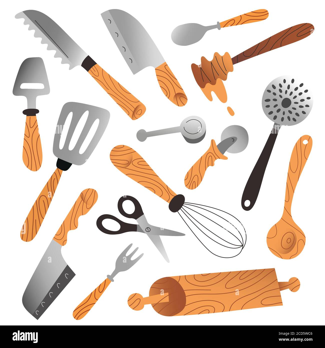 Collezione di utensili da cucina, illustrazioni vettoriali isolate, posate, rasatori e coltelli, utensili e utensili per la preparazione di alimenti, disegnati a mano Illustrazione Vettoriale