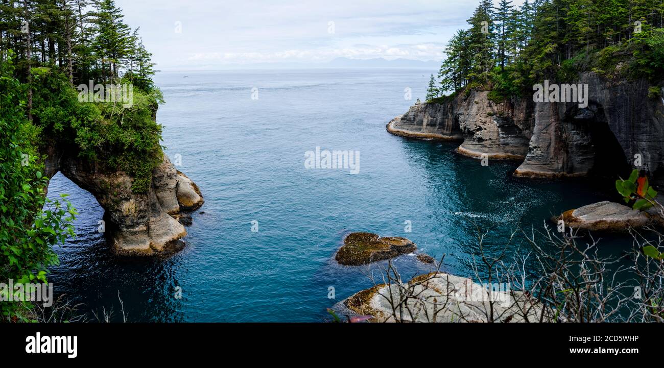 Paesaggio con vista sulla costa dell'Oceano Pacifico con scogliere e archi, Cape Flattery, riserva indiana Makah, Washington, Stati Uniti Foto Stock