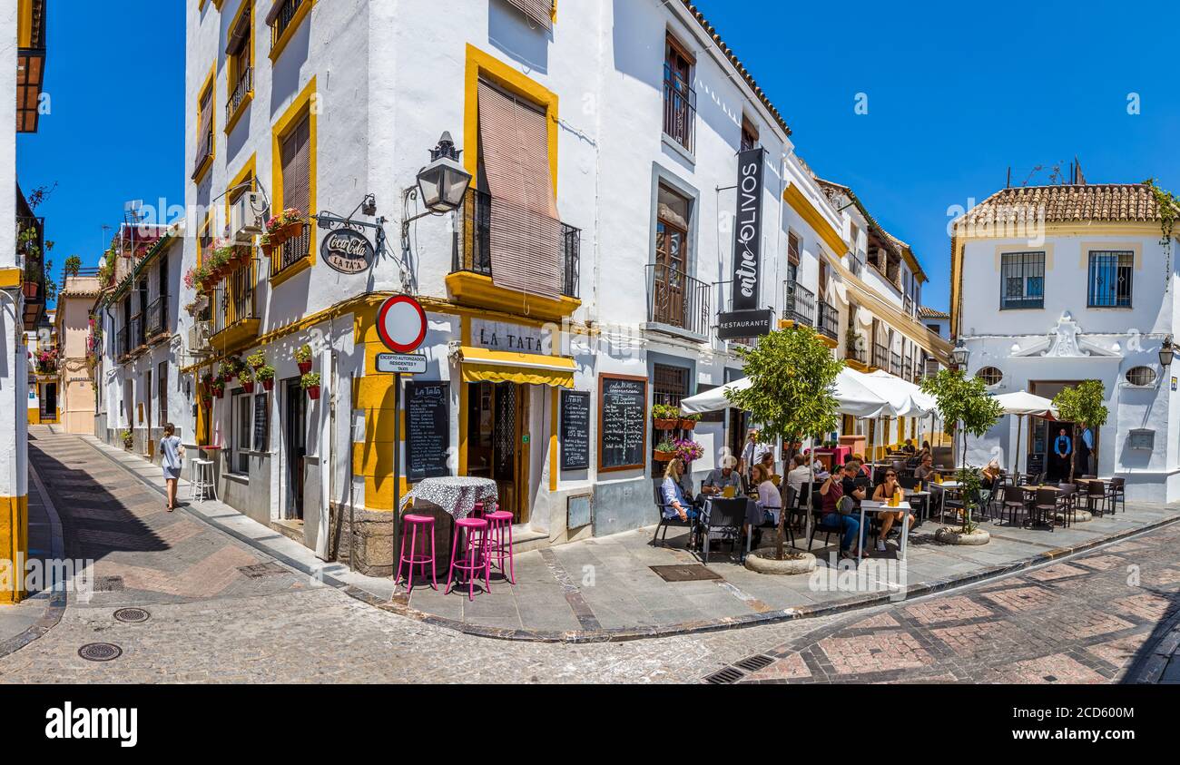 Sidewalk caffè e strada a Cordoba, Andalusia, Spagna Foto Stock