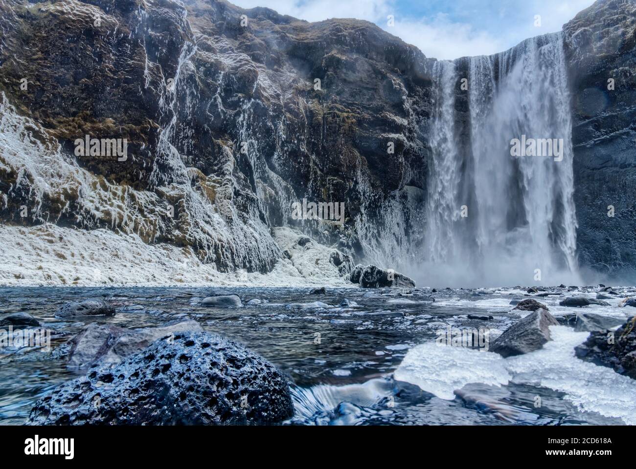Cascata Seljalandfoss in inverno, Islanda Foto Stock