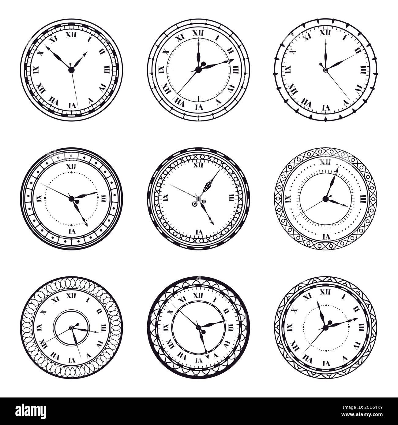 Antico quadrante di orologio. Orologi antichi d'epoca, antici 12 ore  orologio, numeri romani orologio orologio vettoriale simboli di  illustrazione set Immagine e Vettoriale - Alamy