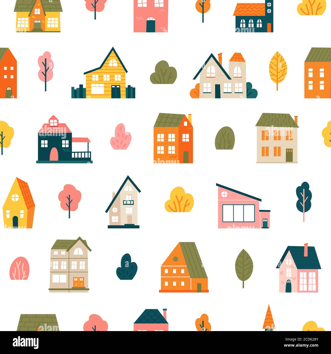 Modello di casa. Carino case città piccola senza soluzione di sfondo, villaggio minimalista, residenze città case paesaggio vettore sfondo illustrazione Illustrazione Vettoriale