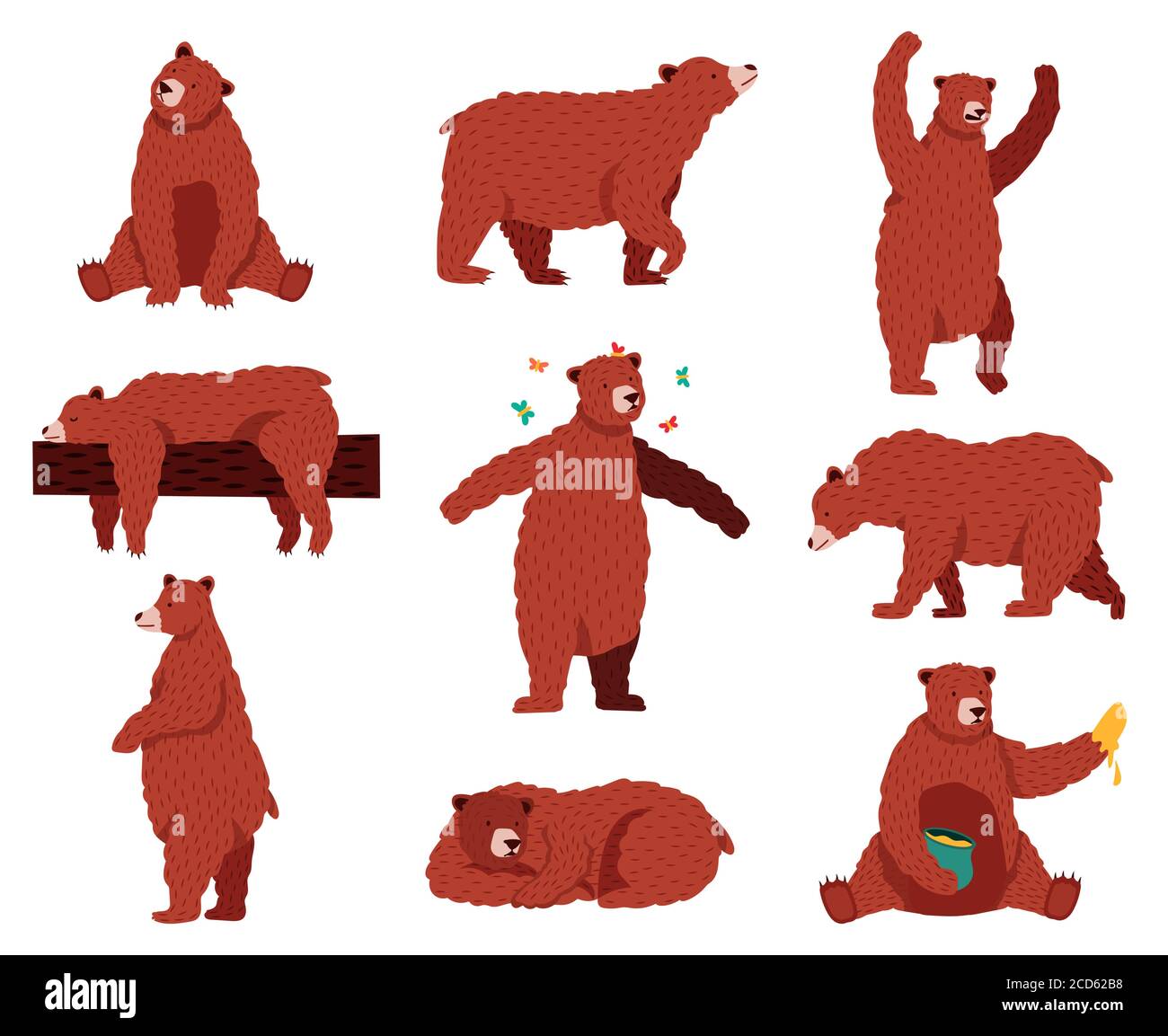 Orso bruno grizzly. Cartoon animali carini selvatici, animali da pelliccia della foresta, seduto, giocando e dormendo fauna selvatica mammifero, divertente orso vettore illustrazione set Illustrazione Vettoriale