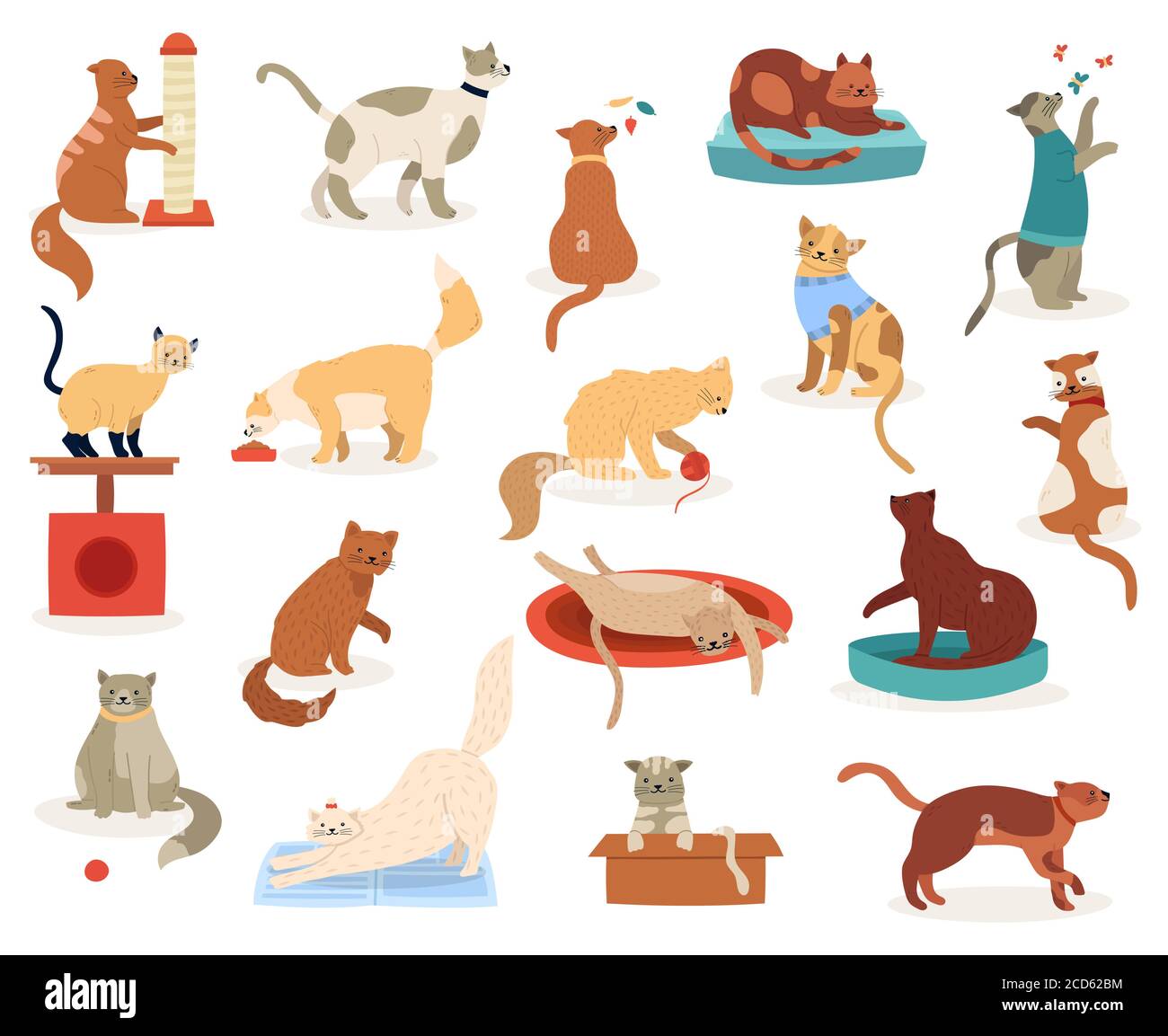 Gatti cartone animato. Carino caratteri gattino, divertenti felini luffy giocoso, razze pedigree animali, adorabili animali domestici kitty illustrazioni vettoriali set di icone Illustrazione Vettoriale