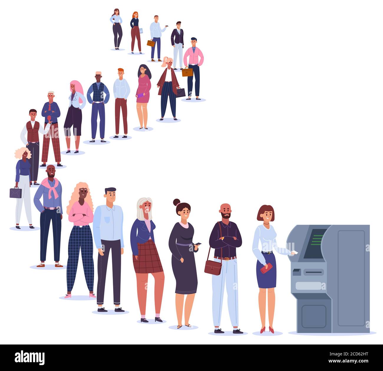 Persone in linea ATM. I caratteri maschili e femminili in coda attendono la transazione del terminale, la linea di pagamento bancaria per l'illustrazione vettoriale della macchina ATM Illustrazione Vettoriale
