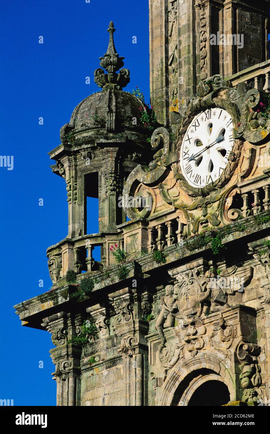 Torre dell'Orologio della Cattedrale di Santiago De Compostela, Santiago De Compostela, Galizia, Spagna Foto Stock