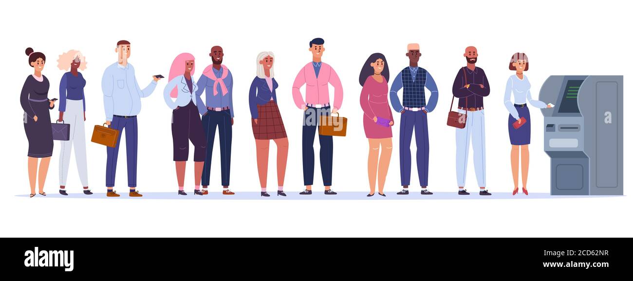 Coda ATM persone. Riga per prelevare denaro, caratteri maschili e femminili attendere la macchina ATM, illustrazione del vettore di transazione del terminale Illustrazione Vettoriale