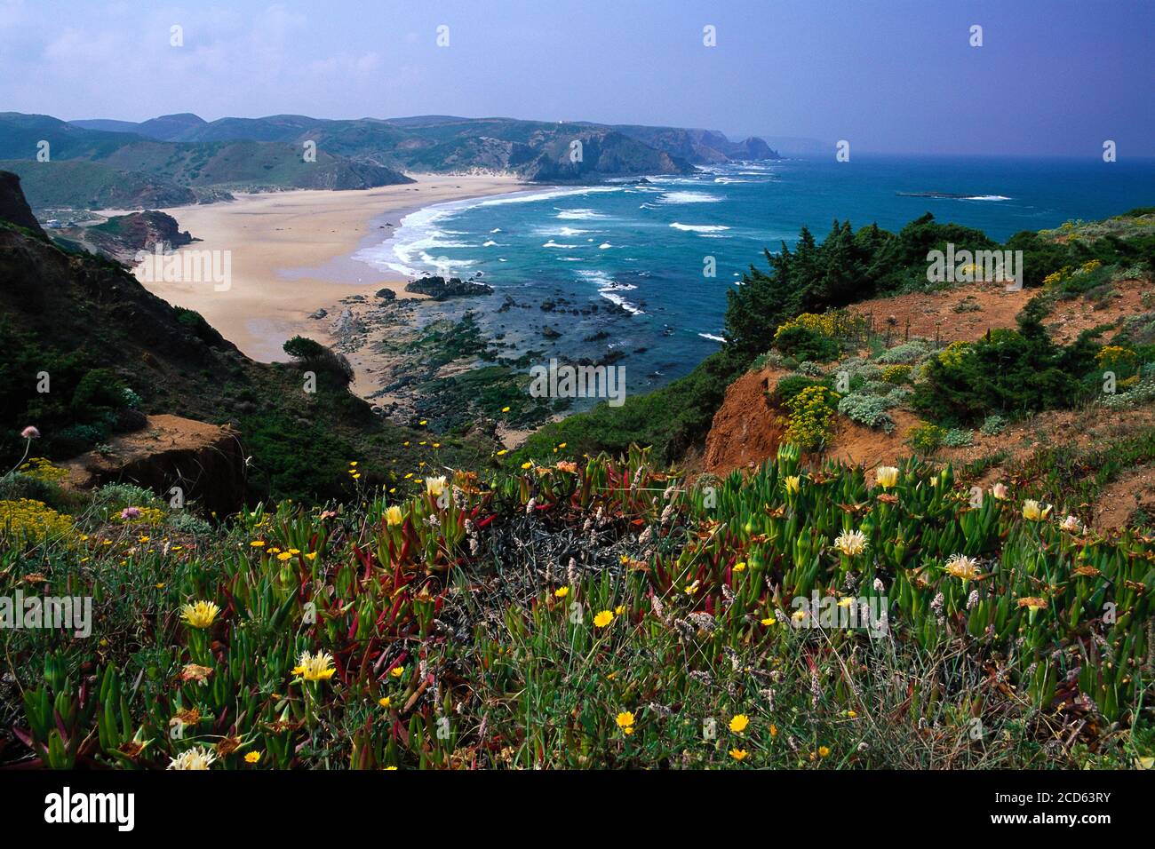 Paesaggio con costa, spiaggia e piante, Almada, Setubal Distretto, Portogallo Foto Stock