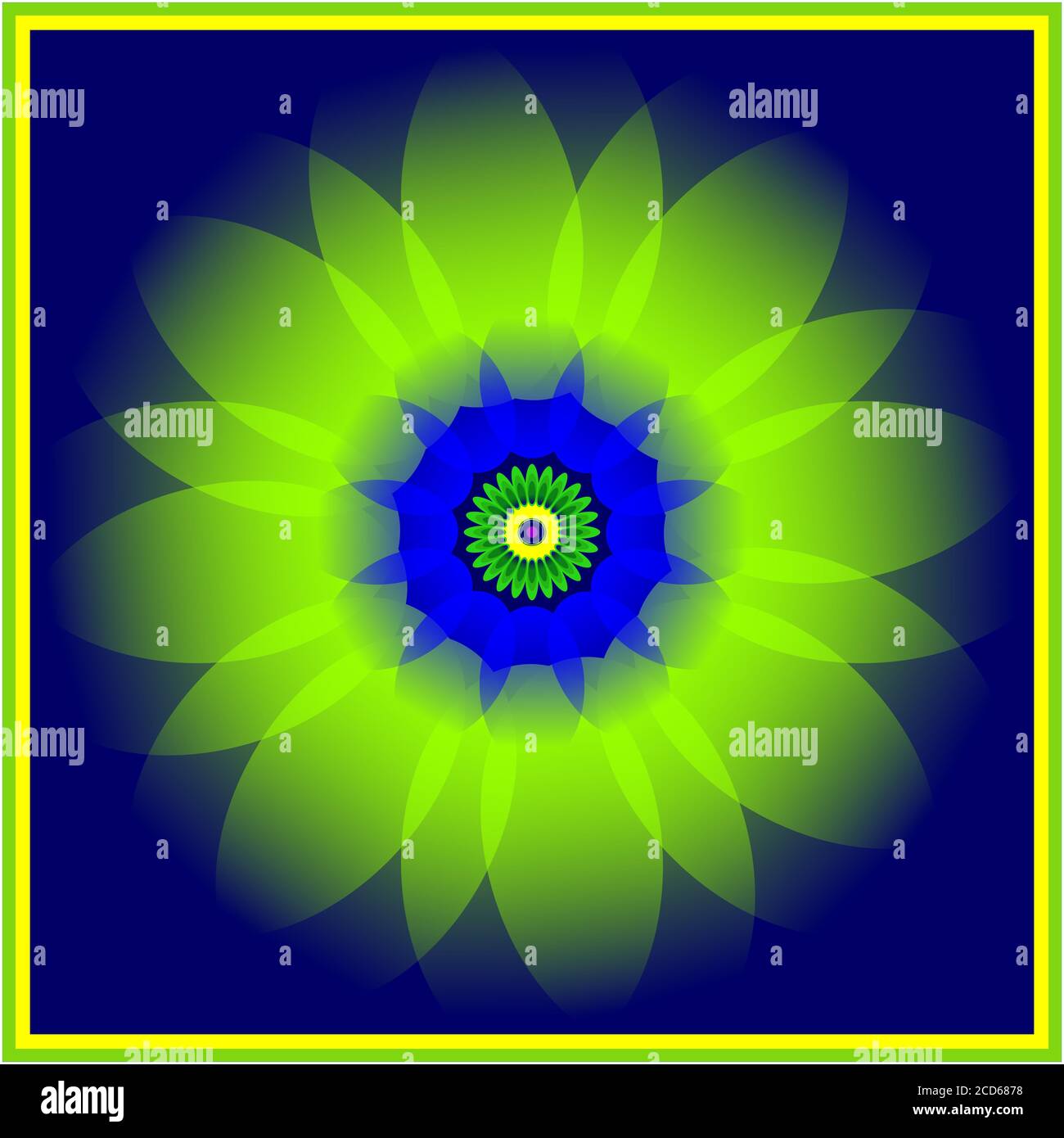 Astratto mandala floreale blu verde con bordo giallo verde Foto Stock