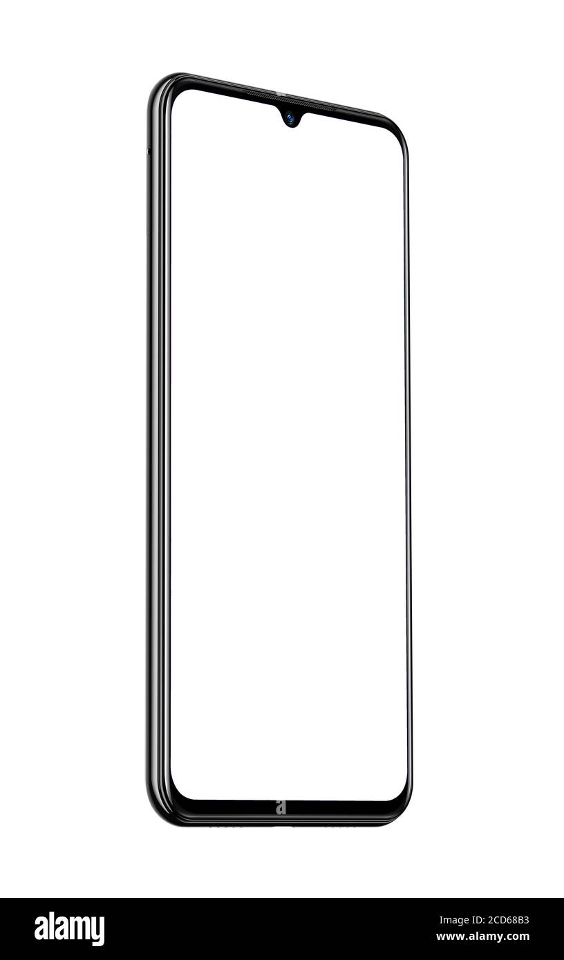 Mockup di rendering 3D isolato dal telefono con schermo verde vuoto acceso Illustrazione 3D su sfondo bianco Foto Stock
