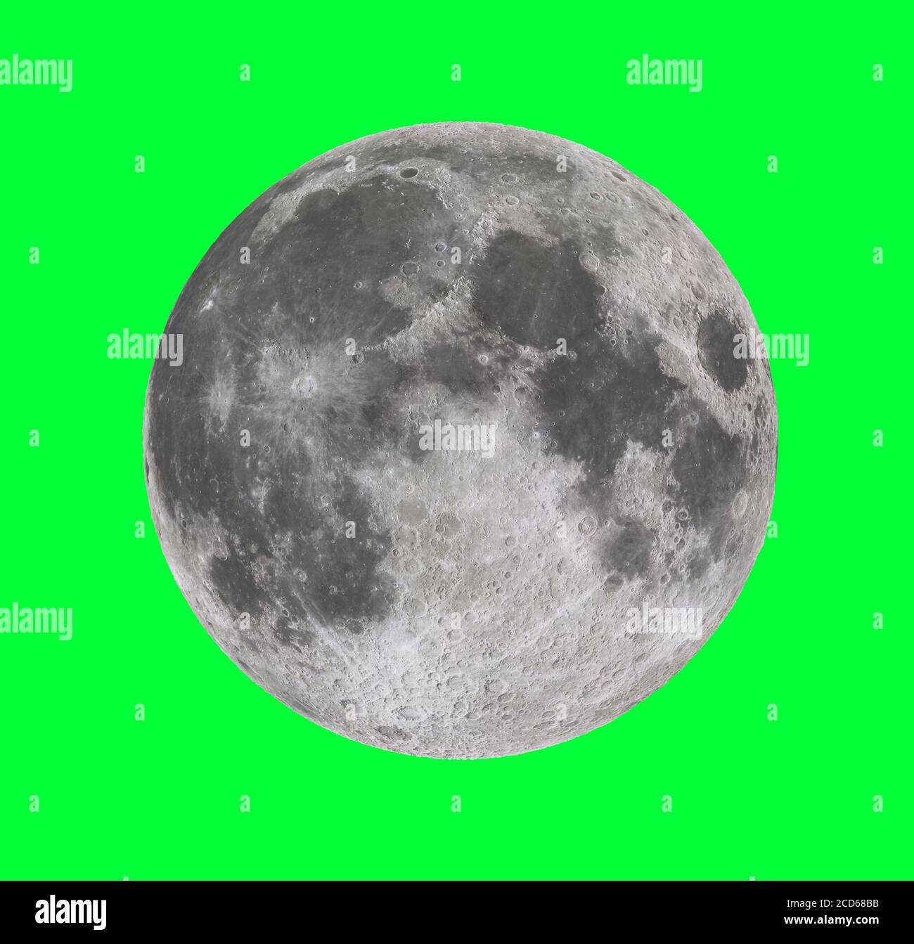 Luna piena crateri estremamente affilati alto rilievo su un verde rendering 3d di sfondo dello schermo Foto Stock