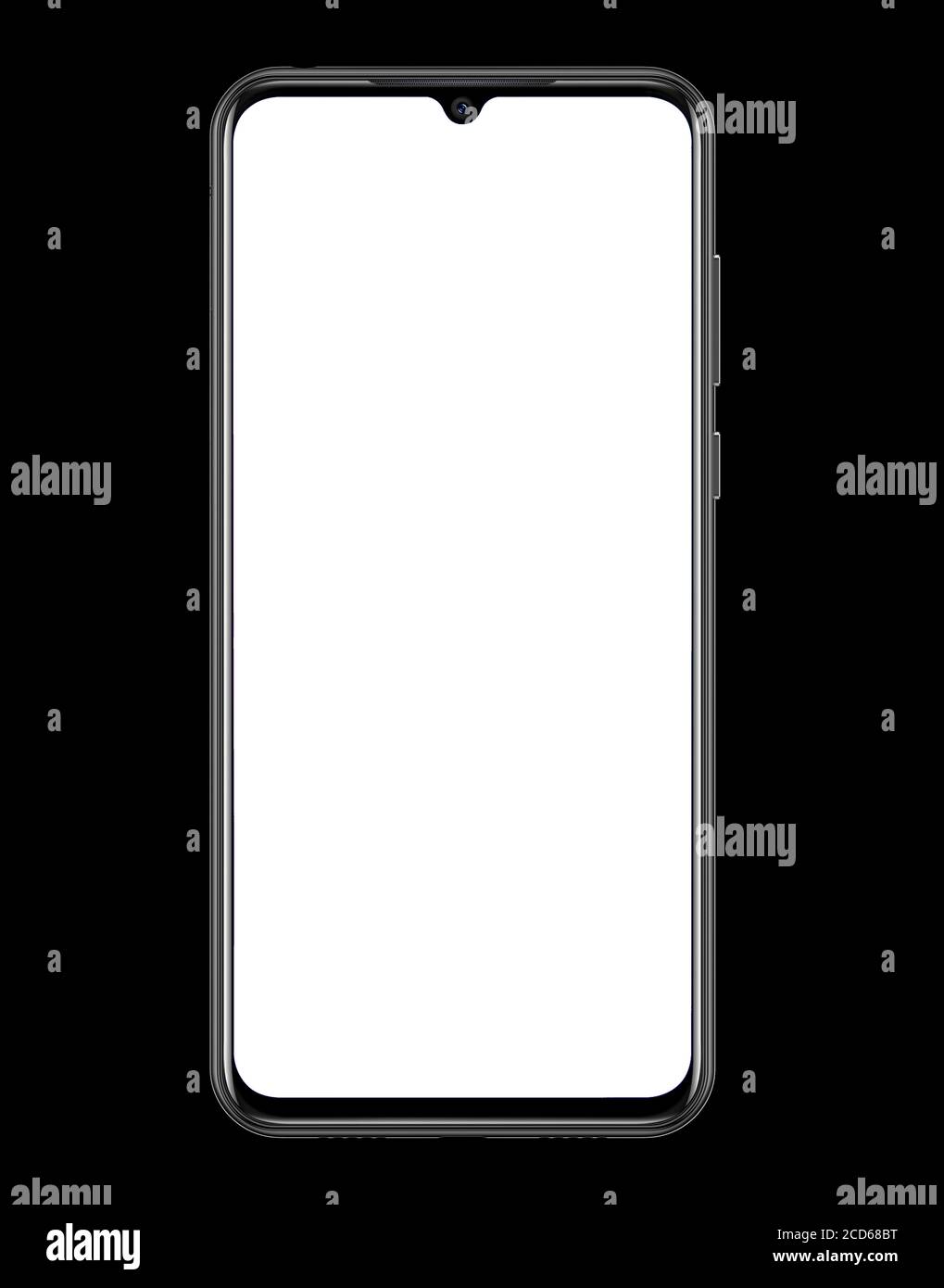 Mockup di rendering 3D isolato dal telefono con schermo vuoto su nero Illustrazione 3D di sfondo Foto Stock