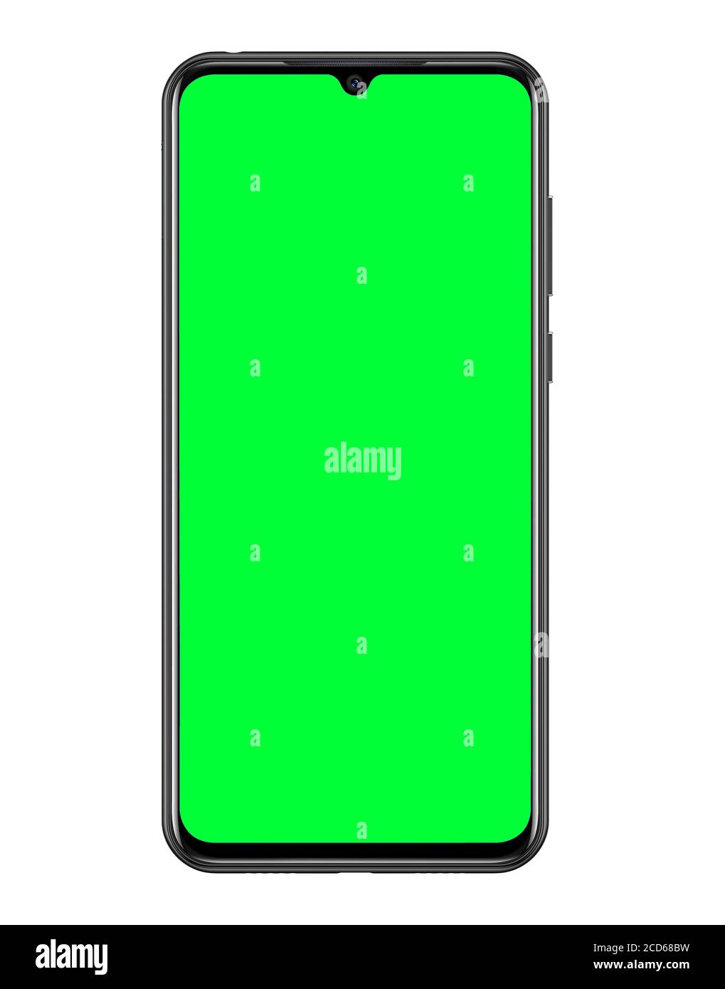 Mockup di rendering 3D isolato dal telefono con schermo verde vuoto acceso Illustrazione 3D su sfondo bianco Foto Stock