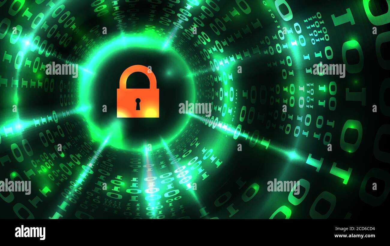 Protezione del sistema informatico, sicurezza del database, Internet sicuro. Simbolo di blocco su dati astratti del calcolatore background programmazione codice binario, protezione dei dati Illustrazione Vettoriale