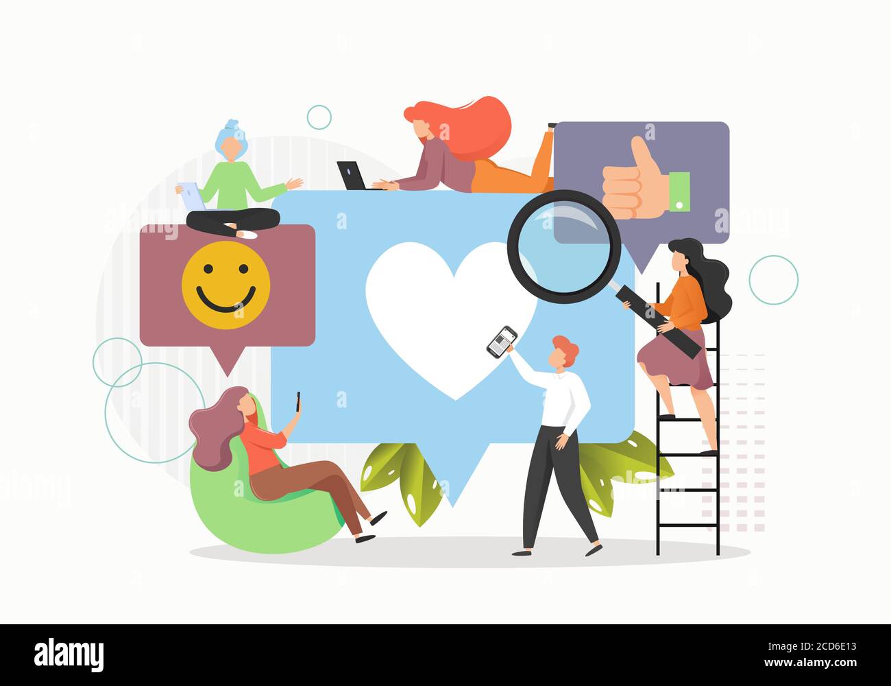 I giovani che raccolgono e forniscono social media come, commenti ad altri, flat vettoriale illustrazione Illustrazione Vettoriale