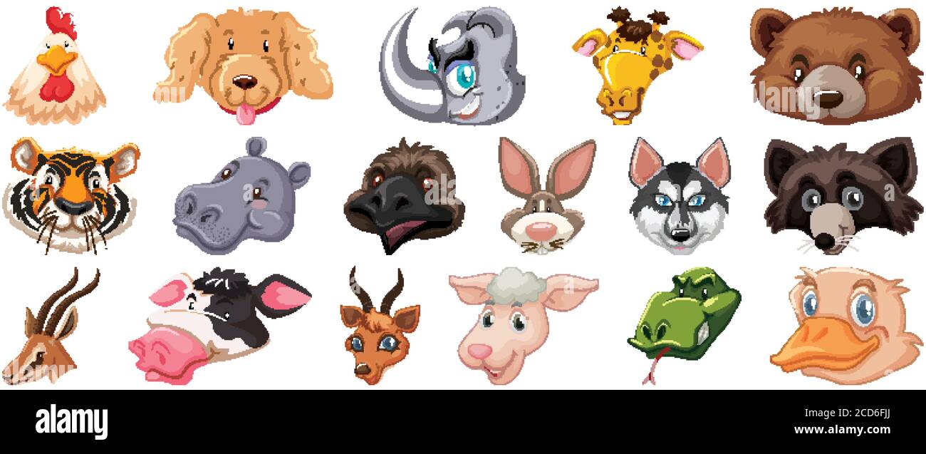 Insieme di diversi animali carino cartone animato testa enorme isolato su sfondo bianco illustrazione Illustrazione Vettoriale
