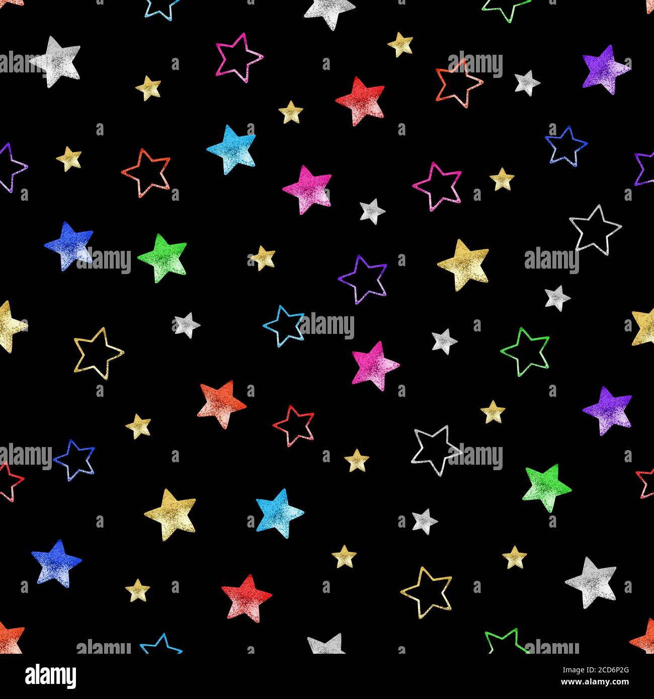 Stelle colorate con motivo senza cuciture su sfondo nero isolate, stelle lucide sullo sfondo del cielo notturno scuro, scintillante spazio stellato che ripete ornamenti Foto Stock