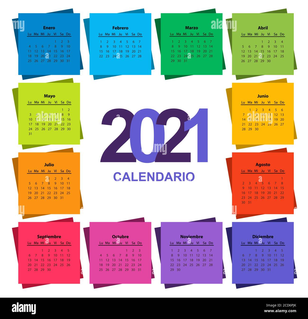 Calendario a colori su 2021 anni a forma quadrata, spagnolo. La settimana inizia dal lunedì. Calendario modello vettoriale per aziende su sfondo bianco. Carta a colori quadrata Illustrazione Vettoriale