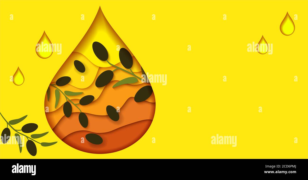 Olio di oliva giallo Banner. Goccia dorata di olio con rami di oliva, tagliata da carta. Può essere utilizzato per la progettazione di etichette. Illustrazione vettoriale. Illustrazione Vettoriale