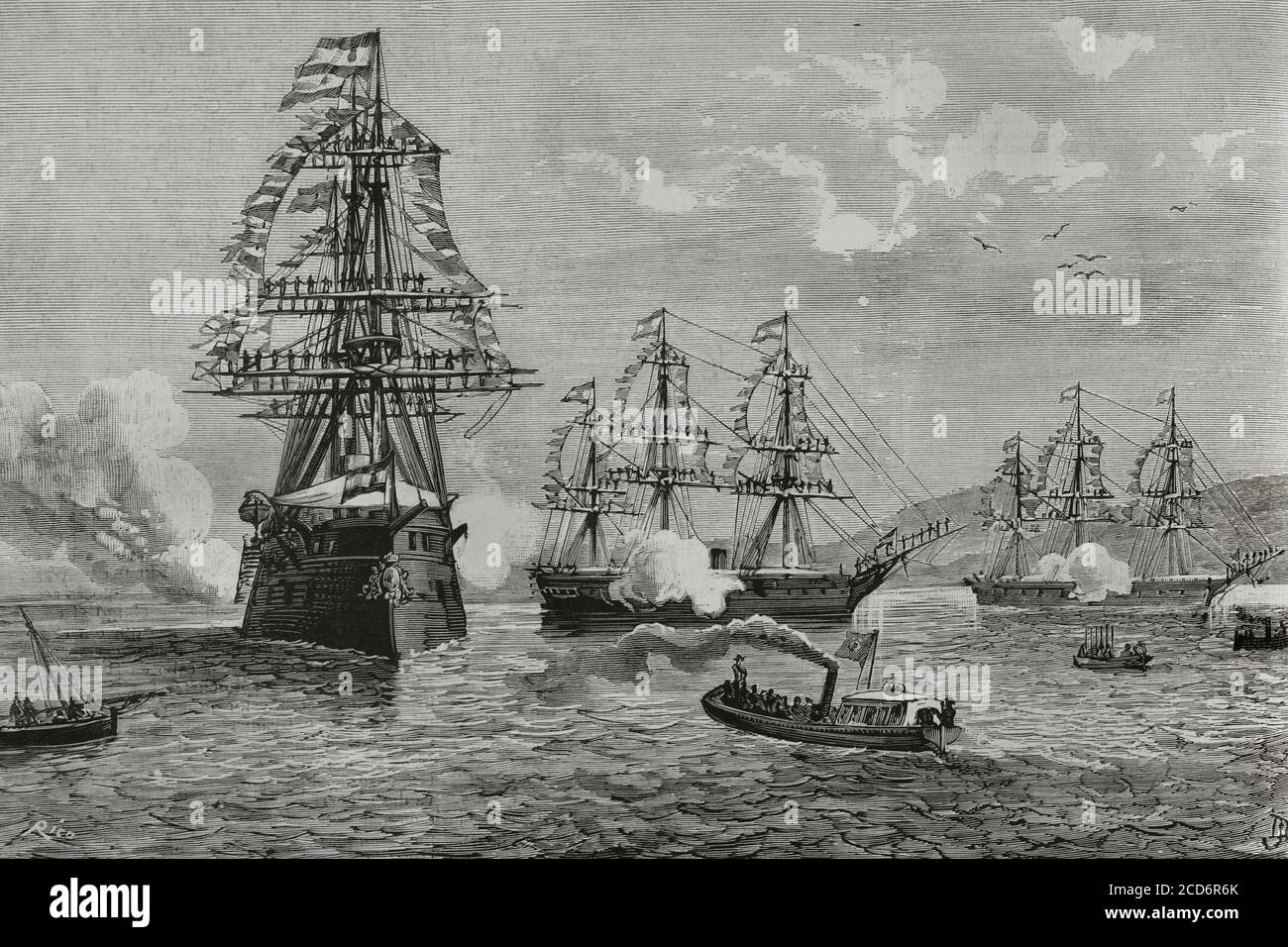 Viaggio del Re e della Regina di Spagna in Galizia (9 agosto 1881). Galizia, provincia di la Coruña, Ferrol. Re Alfonso XII (1857-1885) si muove a bordo della fregata 'punto' per prendere il comando superiore dello squadrone. Incisione di Bernardo Rico (1825-1894). La Ilustracion Española y americana, 1881. Foto Stock