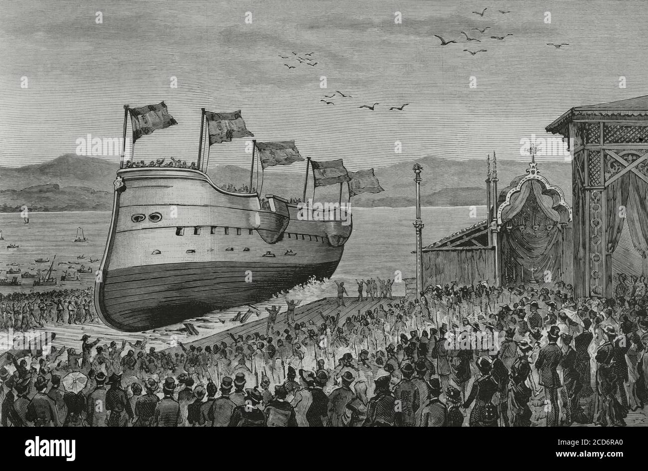 Spagna, Galizia, Ferrol, provincia di la Coruña. Fregata "Navarra" (F-85). Fu costruito nei cantieri navali di Ferrol nel 1869 e consegnato alla Marina militare nel 1881. Atto di lancio della Frigata 'Navarra', il 11 agosto 1881, alla presenza del Re e Regina di Spagna, Alfonso XII (1857-1885) e della sua seconda moglie Maria Cristina de Habsburgo-Lorena (1858-1929). Incisione di Tomás Carlos Capuz (1834-1899). La Ilustracion Española y americana, 1881. Foto Stock Spagna, Galizia, Ferrol, provincia di la Coruña. Fregata "Navarra" (F-85). Fu costruito nei cantieri navali di Ferrol nel 1869 e consegnato alla Marina militare nel 1881. Atto di lancio della Frigata 'Navarra', il 11 agosto 1881, alla presenza del Re e Regina di Spagna, Alfonso XII (1857-1885) e della sua seconda moglie Maria Cristina de Habsburgo-Lorena (1858-1929). Incisione di Tomás Carlos Capuz (1834-1899). La Ilustracion Española y americana, 1881. Foto Stock