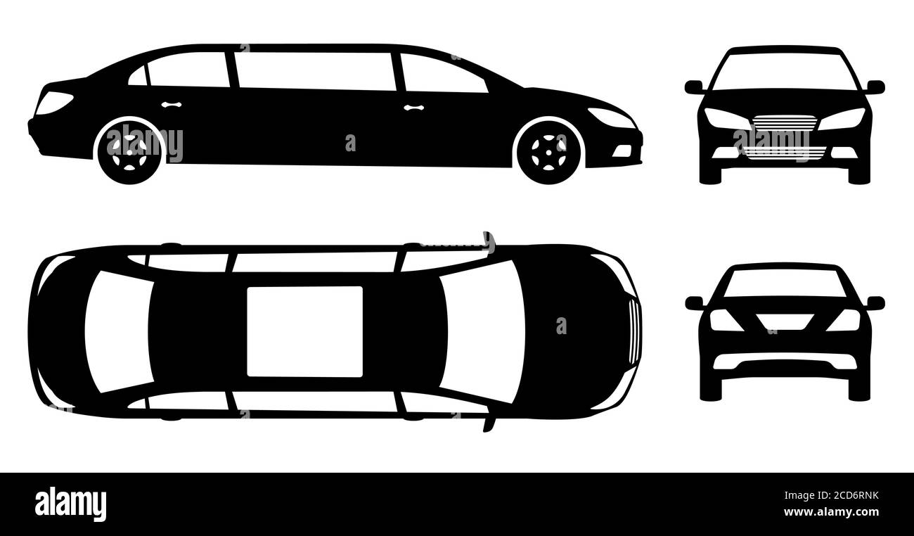 Silhouette limousine su sfondo bianco. Le icone nere del veicolo consentono di visualizzare la vista da un lato, anteriore, posteriore e superiore Illustrazione Vettoriale