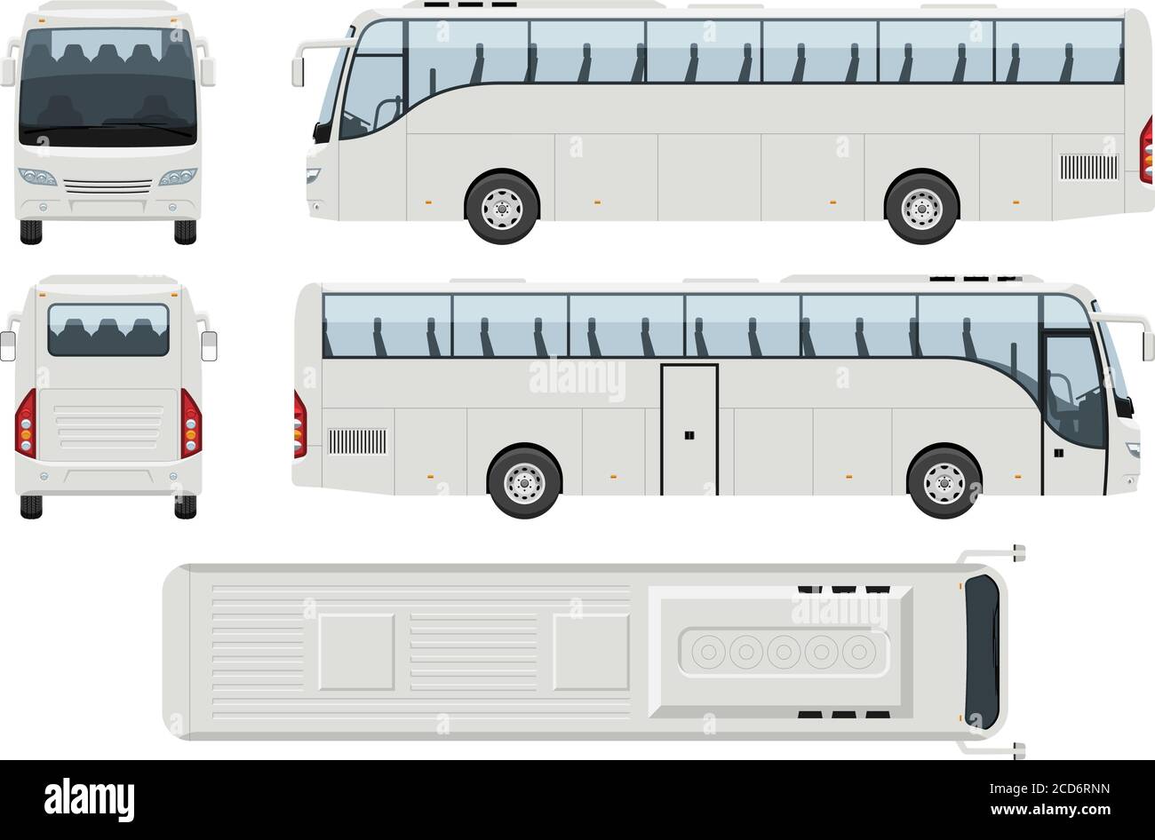 Modello vettoriale per autobus con colori semplici senza gradienti ed effetti. Vista laterale, anteriore, posteriore e superiore Illustrazione Vettoriale