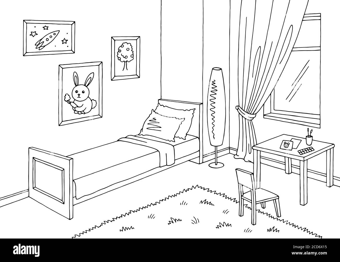 Grafica camera bambini nero bianco disegno interno illustrazione vettore Illustrazione Vettoriale