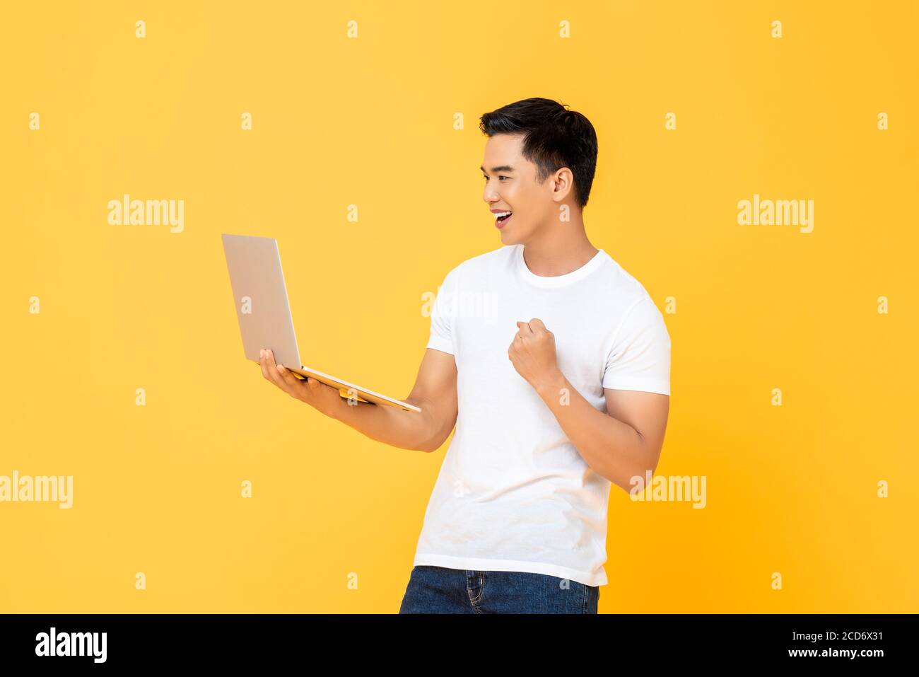 Ritratto di un giovane e sorridente bell'uomo asiatico che tiene un computer portatile mentre si fa un gesto di pugno chiuso vincente in studio isolato sfondo giallo Foto Stock