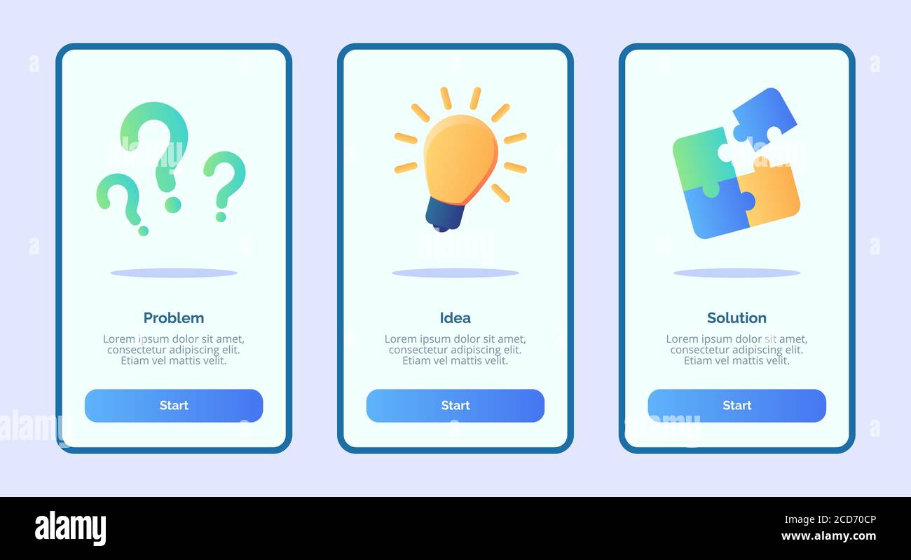 Soluzione Problem idea per l'interfaccia utente della pagina di intestazione del modello di app mobili con tre varianti di stile moderno e piatto Illustrazione Vettoriale